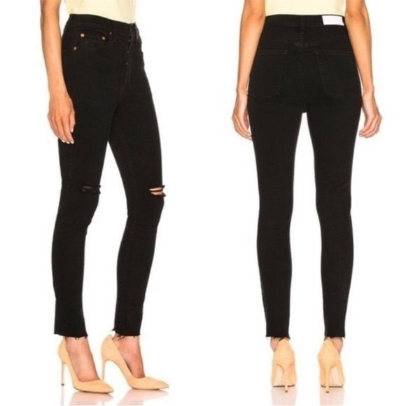 RE/DONE High Rise Ankle Crop Black Destroy Jeans Size 23 - Picture 1 of 9